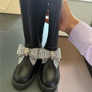 Black Boots with Rhinestone Bow